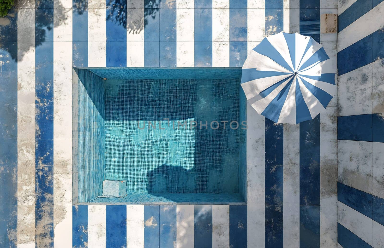A rectangular pool with striking blue and white stripes, accompanied by a striped umbrella, set in a sunny outdoor area.