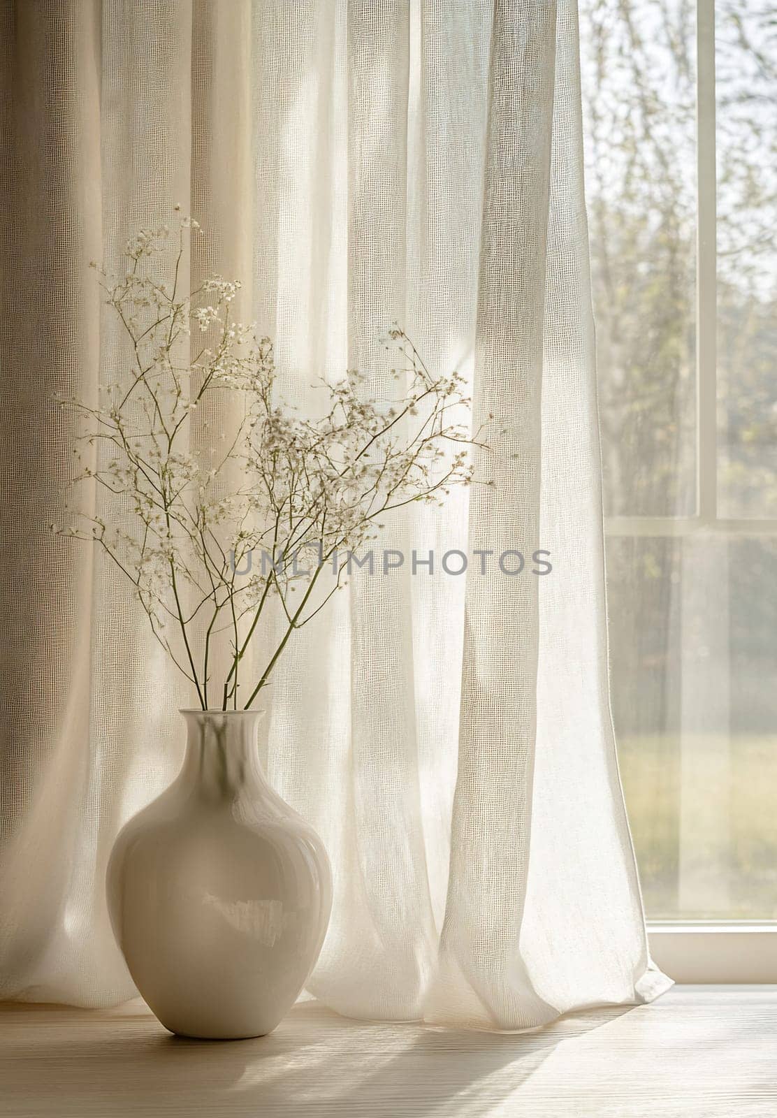 A simple vase filled with delicate flowers sits beside a sunlit window, casting soft shadows on a light wooden surface.
