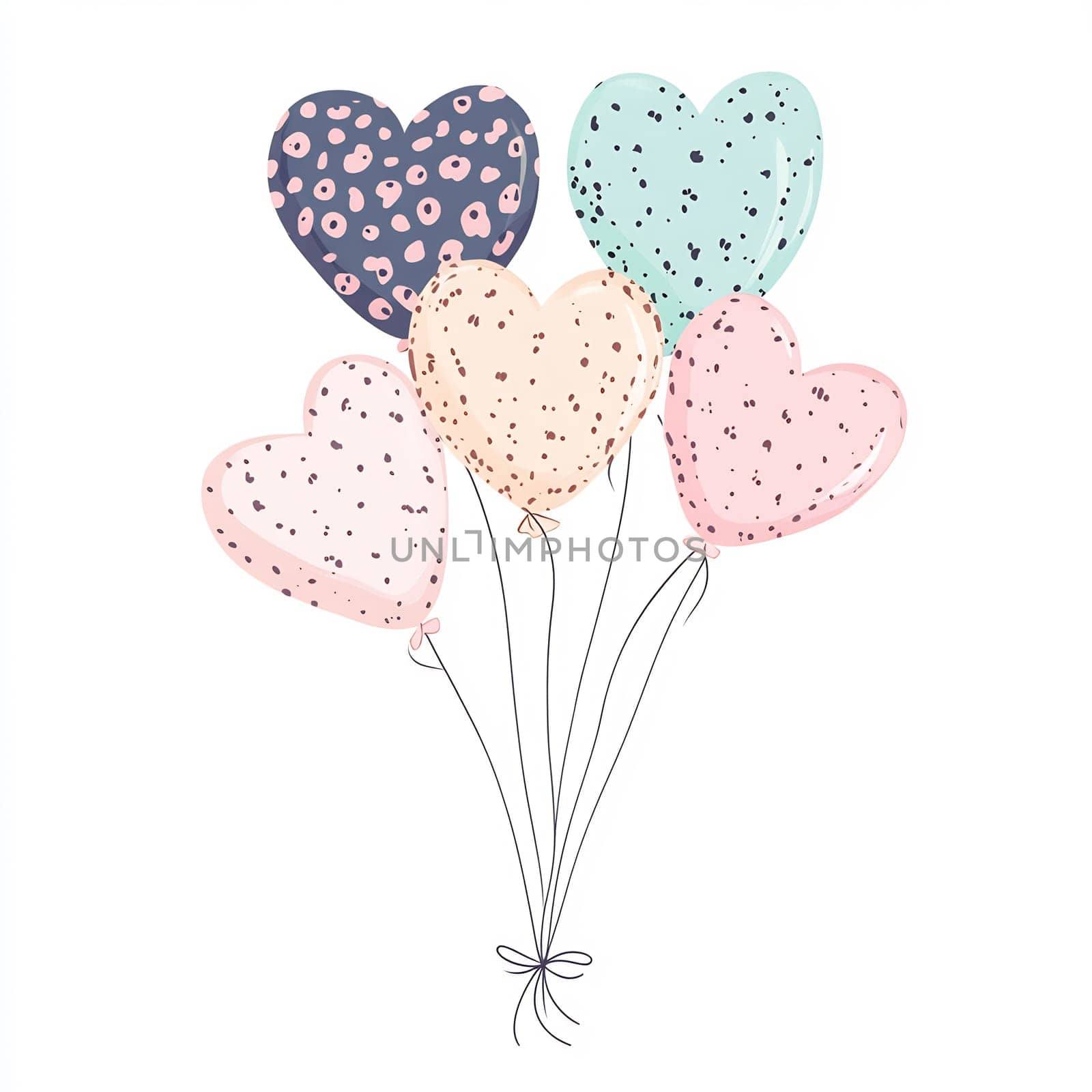 A collection of six heart-shaped balloons in pastel colors, including pink, mint, and navy, tied together, perfect for festive occasions.