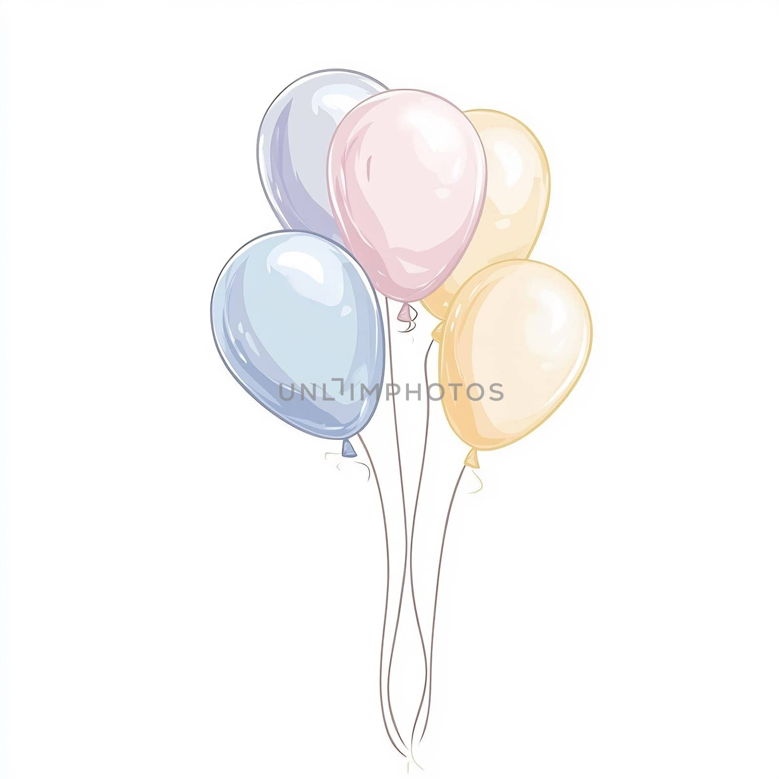 A collection of four balloons in soft pastel colors floats joyfully, creating a light and cheerful atmosphere suitable for celebrations.
