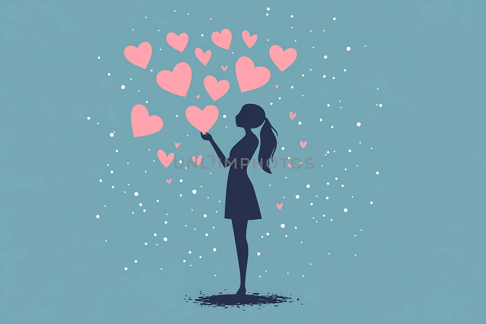 A girl stands with a gentle smile as pastel hearts float around her in a whimsical, lighthearted composition.