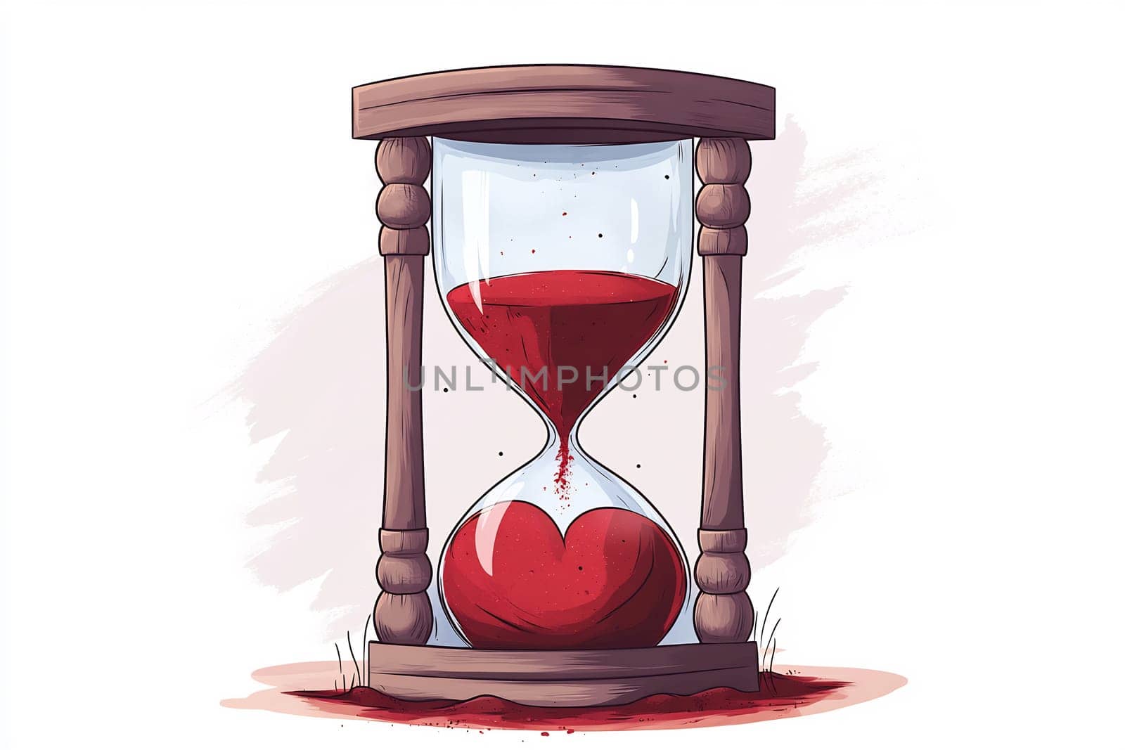 An hourglass with red sand shaped like a heart is shown. The unique design emphasizes the passage of time related to love.