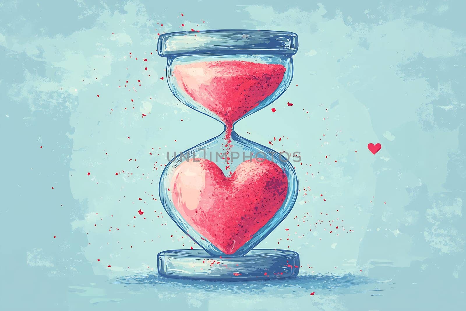 An artistic hourglass features a heart filled with red sand, representing the passage of time and the essence of love and affection.