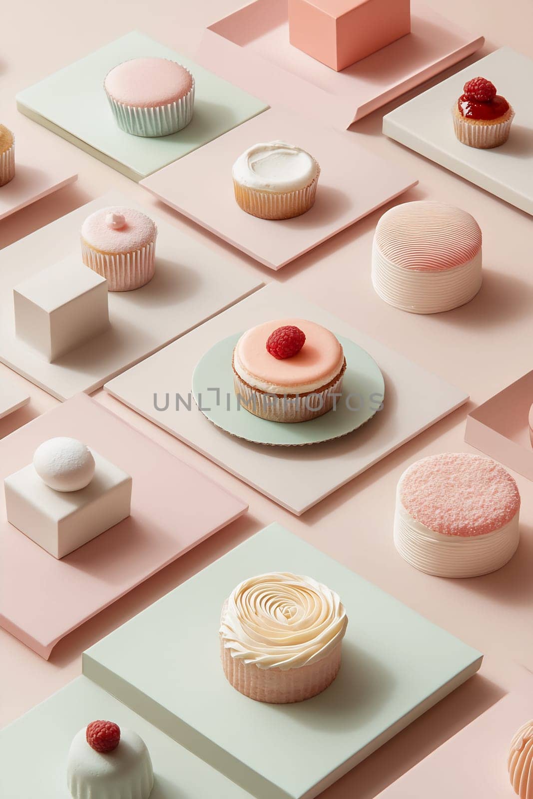 Colorful cupcakes are arranged on soft pastel platforms, showcasing various designs and frosting. The vibrant display invites sweet enjoyment.
