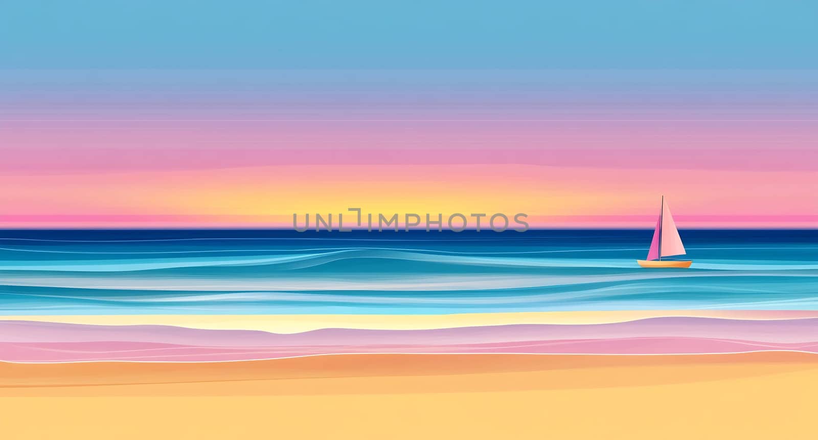 A tranquil seaside view with a small sailboat gliding across gentle waves during a colorful sunset on the horizon.