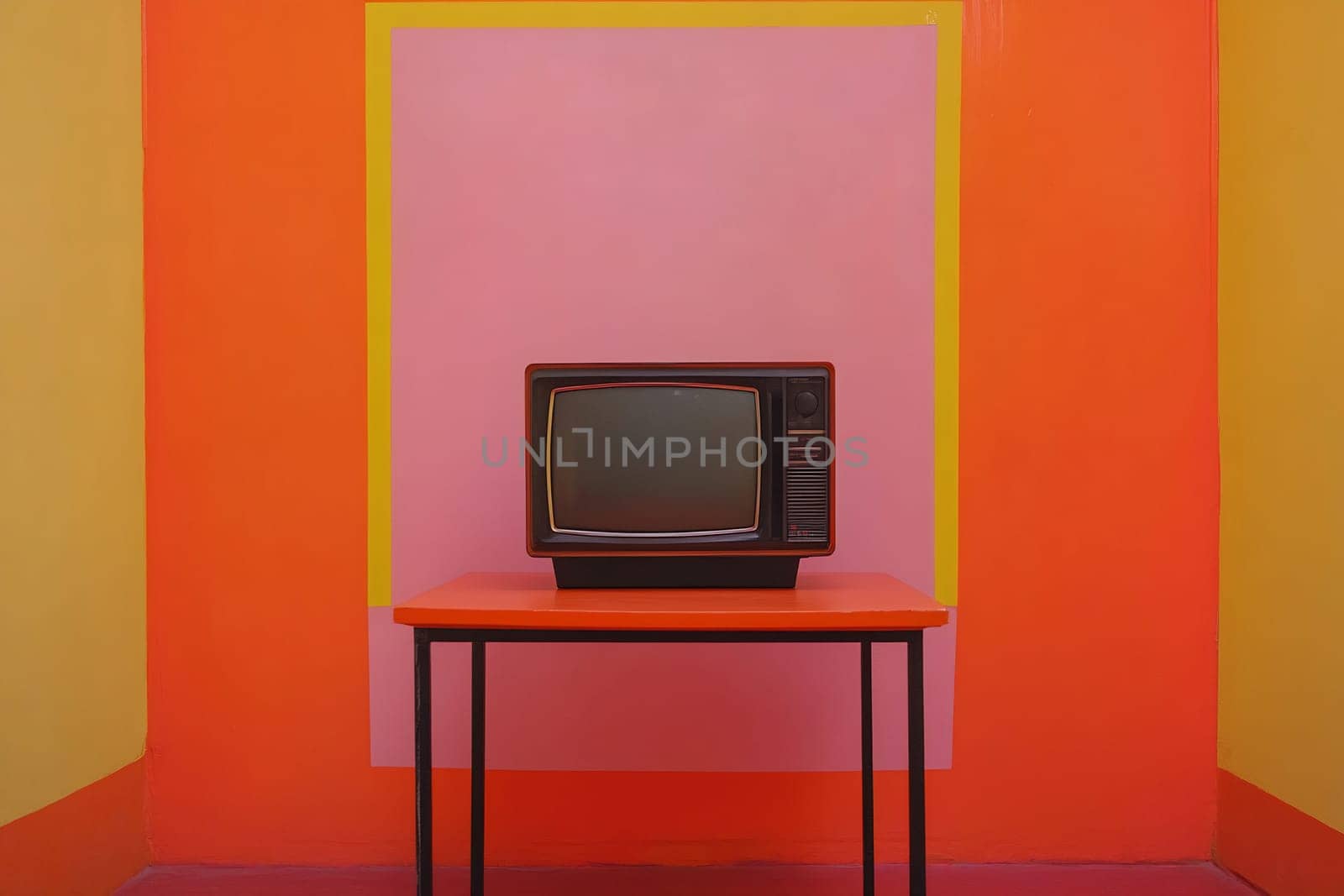 A vintage television sits on a bright orange table in a room with vivid colored walls, creating a bold retro atmosphere.