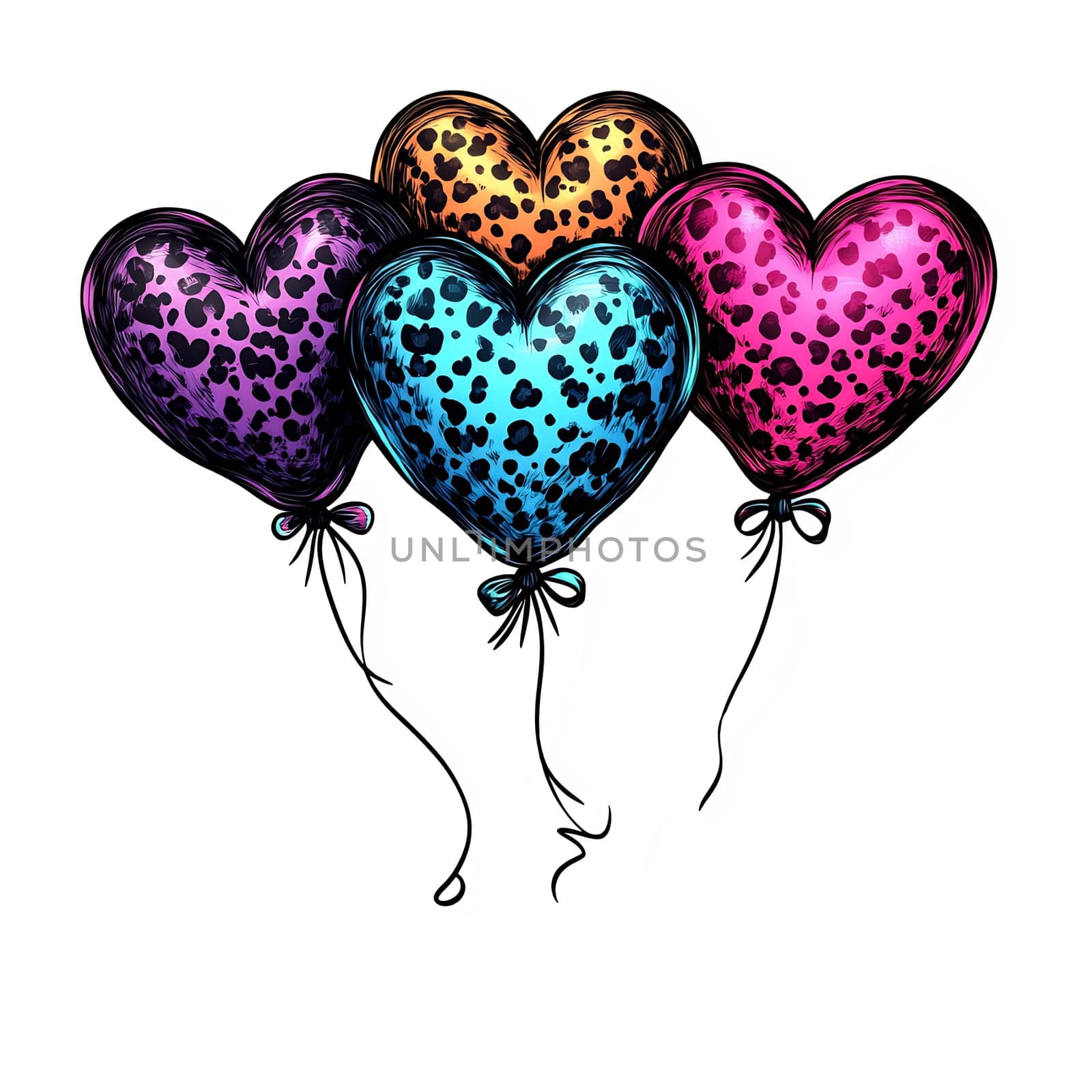 Four vibrant heart-shaped balloons with distinct patterns float together, perfect for festive occasions or special events.
