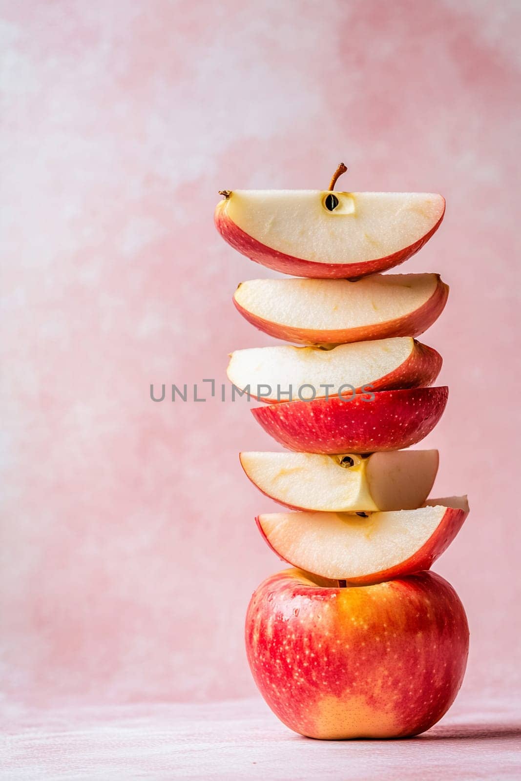 Bright red and white apple slices are neatly stacked over a whole apple, creating an artistic display on a soft pink backdrop.