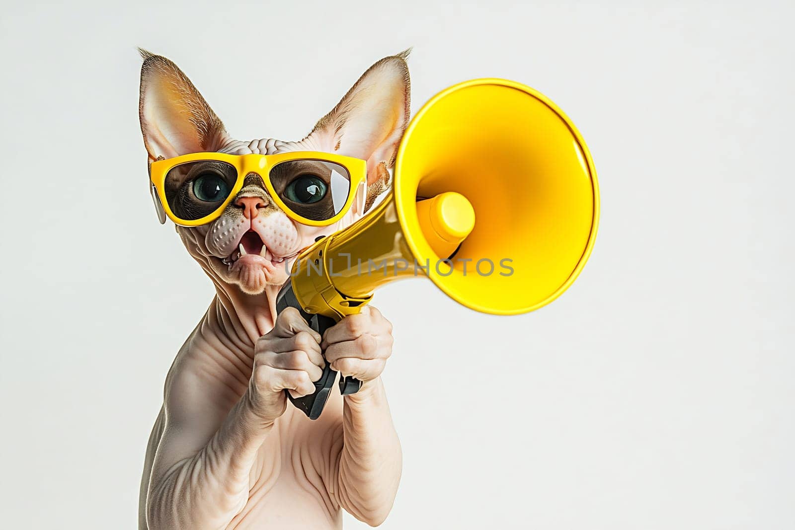 A playful cat dons oversized sunglasses while gripping a bright yellow megaphone, exuding a fun and quirky vibe.