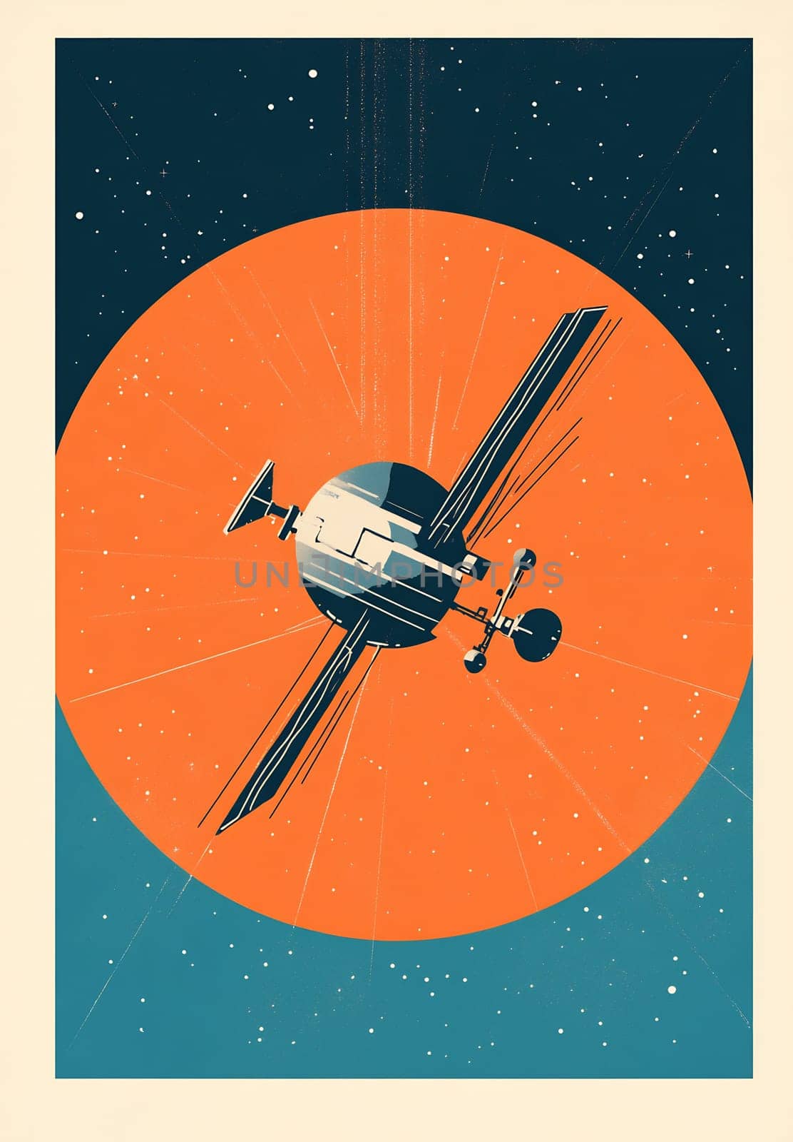 A stylized representation of a spacecraft traveling through deep space against a vibrant orange backdrop, illustrating exploration beyond Earth.