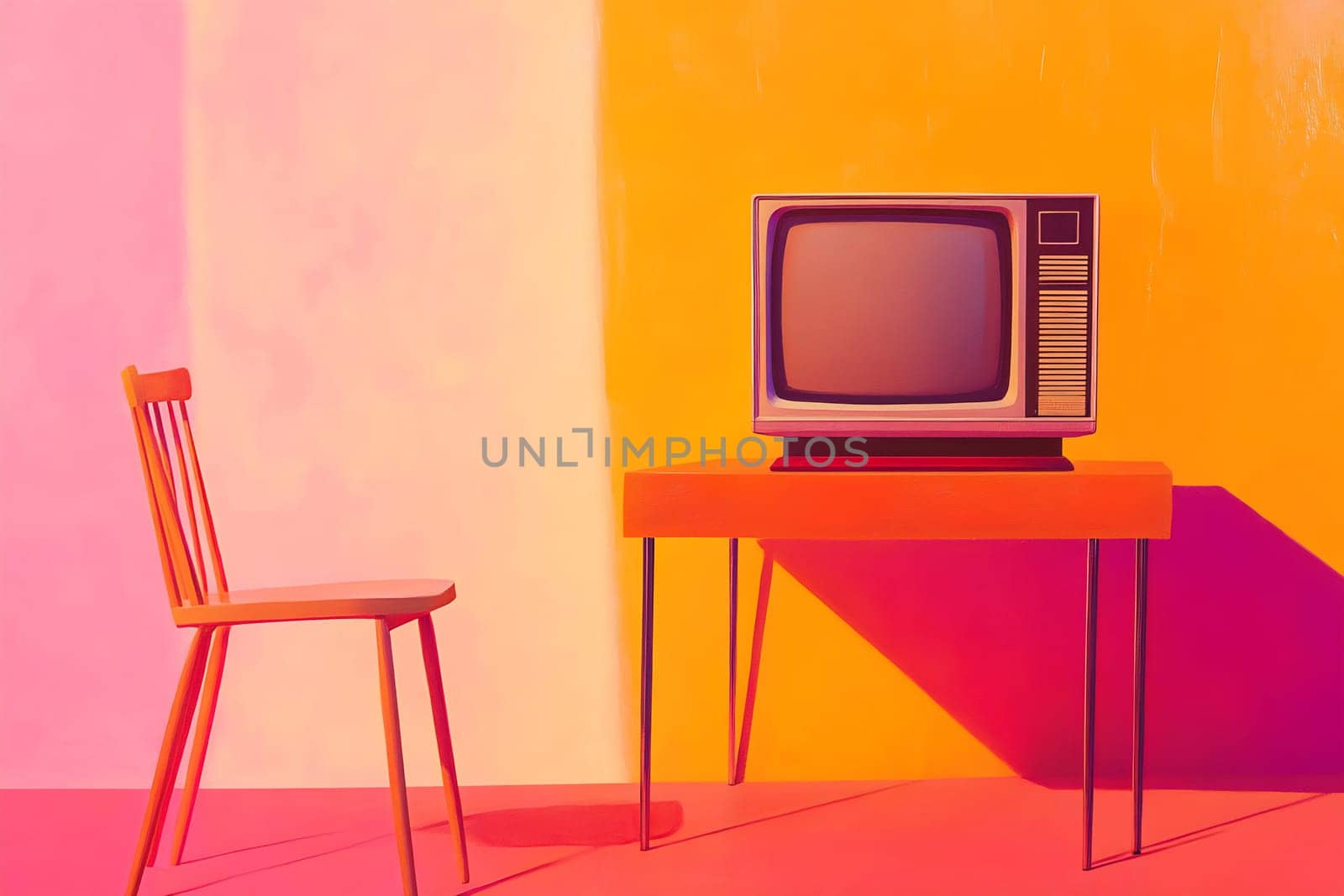 A colorful setup features a vintage television on an orange table beside a wooden chair against a bold pink and yellow background.