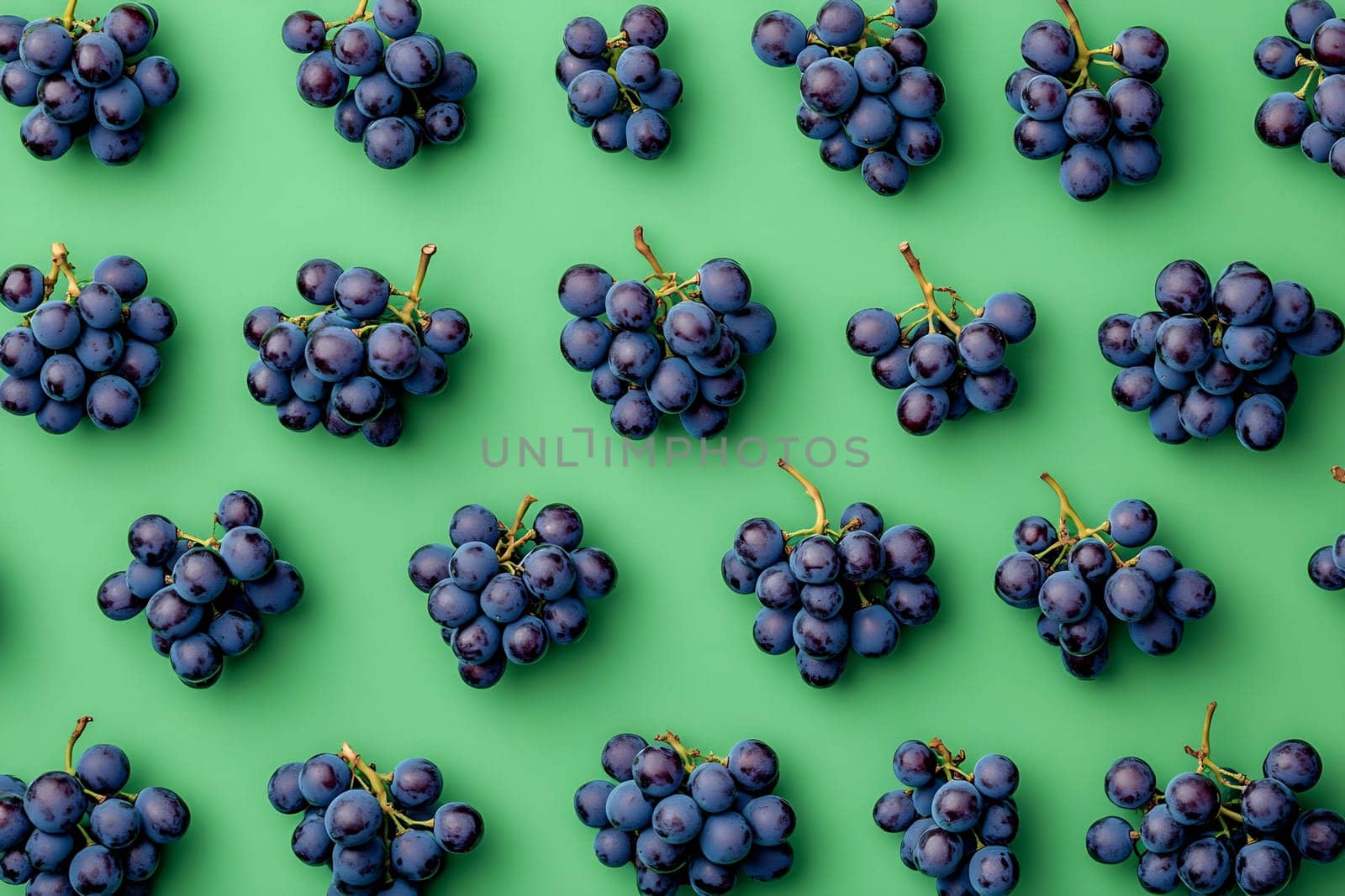 Dark grapes are neatly arranged on a vibrant green surface, showcasing their rich color and freshness for a visually appealing display.