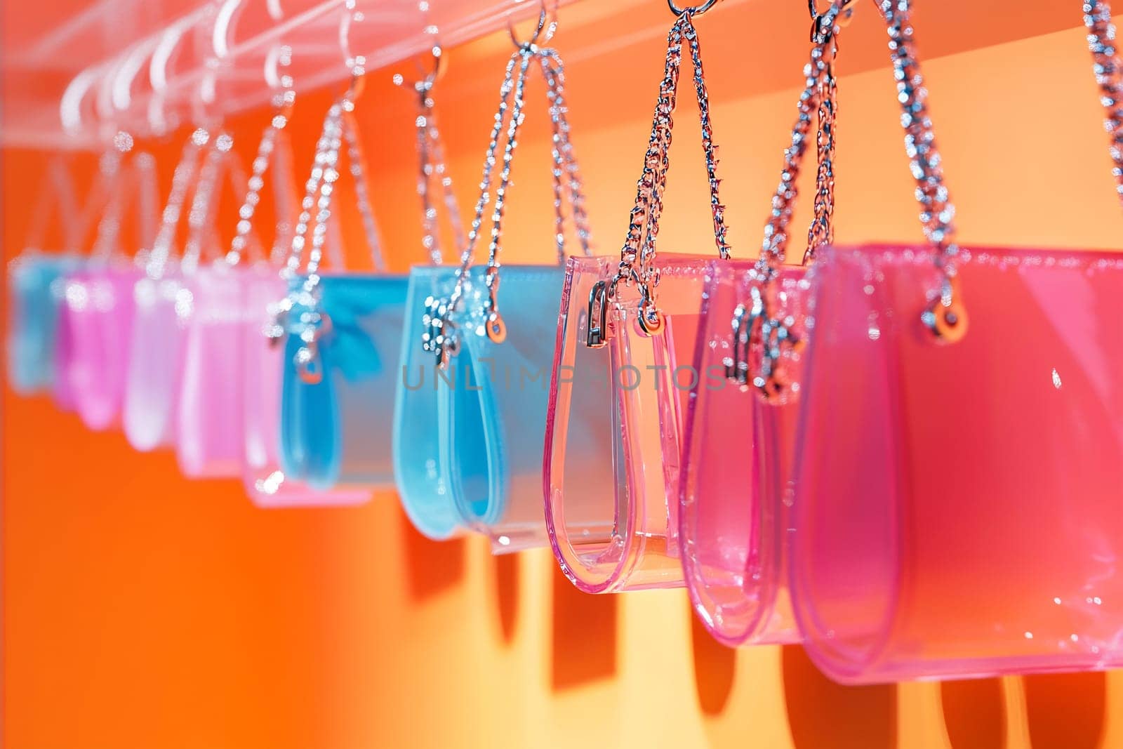 Brightly colored plastic bags are arranged neatly on hooks, showcasing shades of pink and blue under vibrant lighting.