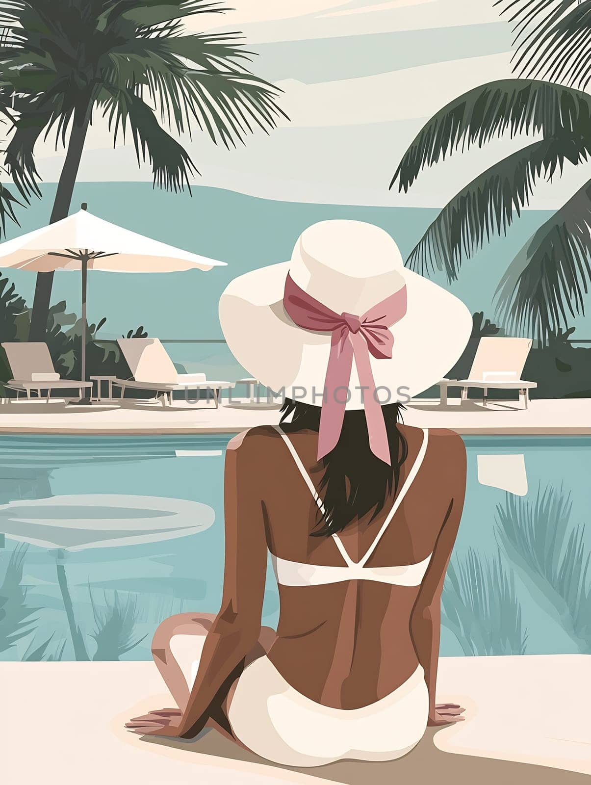 A woman enjoys a serene moment by the pool, surrounded by palm trees and lounge chairs, wearing a sun hat on a sunny day.