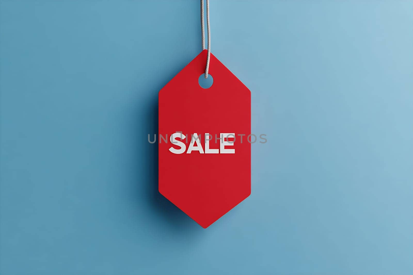 A vivid red sale tag hangs against a light blue background, clearly highlighting the word SALE for promotional purposes.