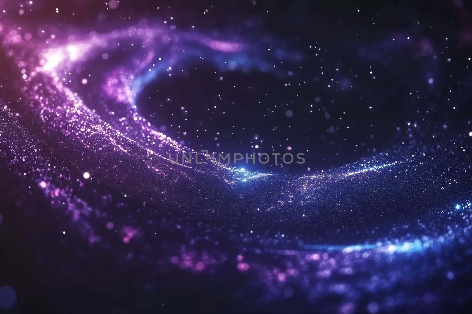 A vibrant swirl of cosmic colors showcases a blend of purple, blue, and white stars against a dark background, creating an ethereal effect.