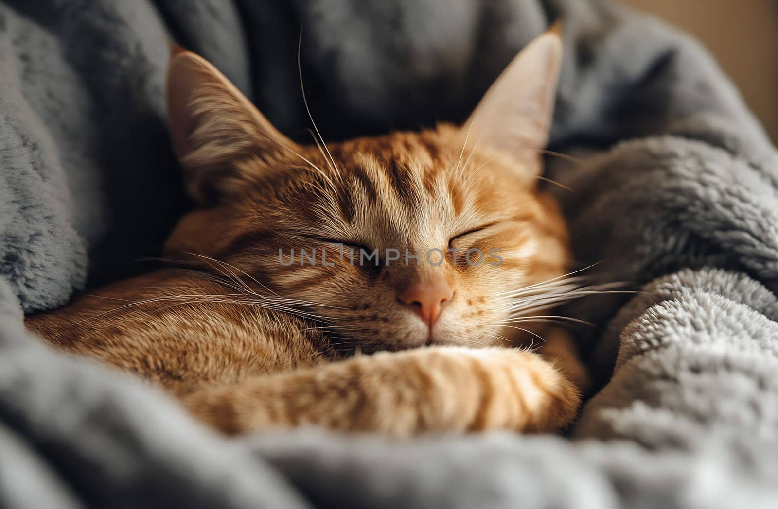 An orange tabby cat curls up, fast asleep in a soft, grey blanket, enjoying a quiet moment of rest in a warm environment.