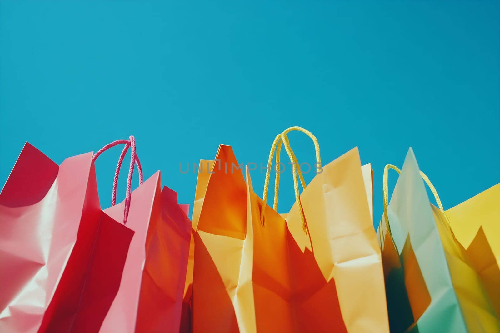 Brightly colored shopping bags are arranged against a clear blue sky, creating a cheerful and vibrant atmosphere.