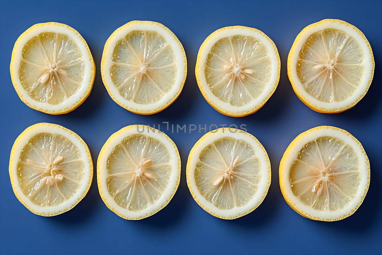 Bright yellow lemon slices are neatly arranged on a blue surface, showcasing their juicy texture and vibrant color.