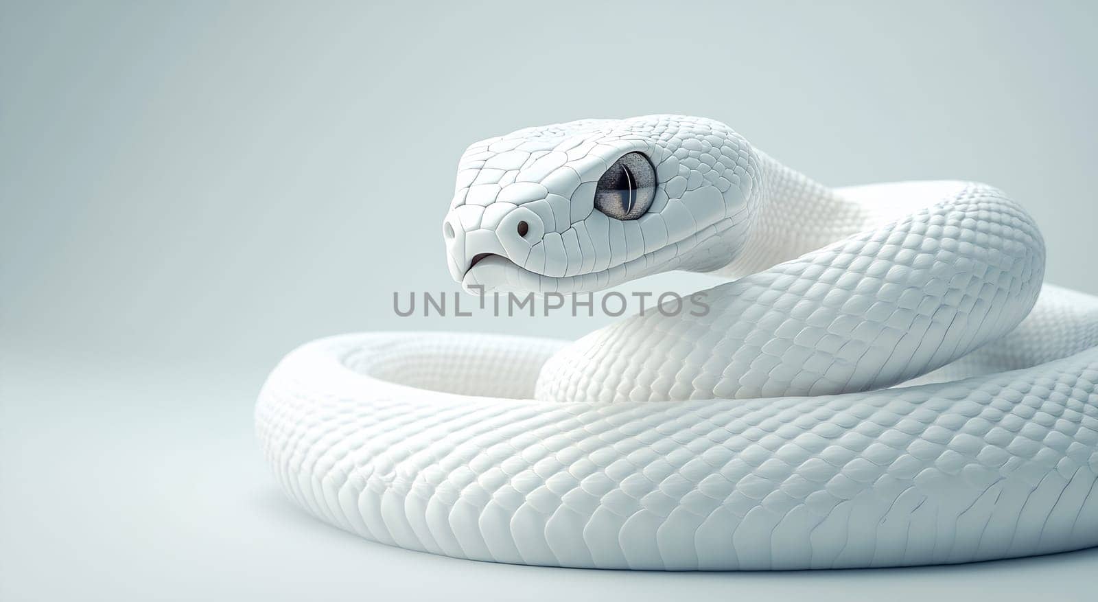 A striking white snake is coiled elegantly on a soft light surface, showcasing its unique scales and captivating eyes.