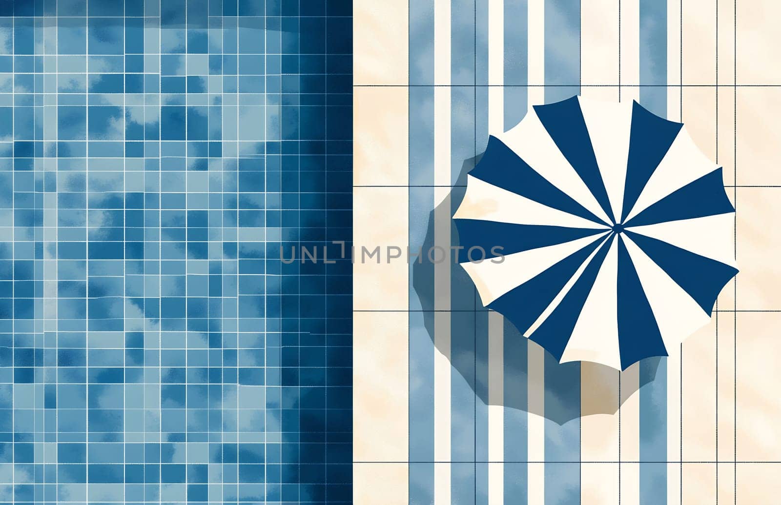 Overhead view of a blue mosaic pool with a striped umbrella and patterned tiles, evoking a relaxed summer atmosphere.