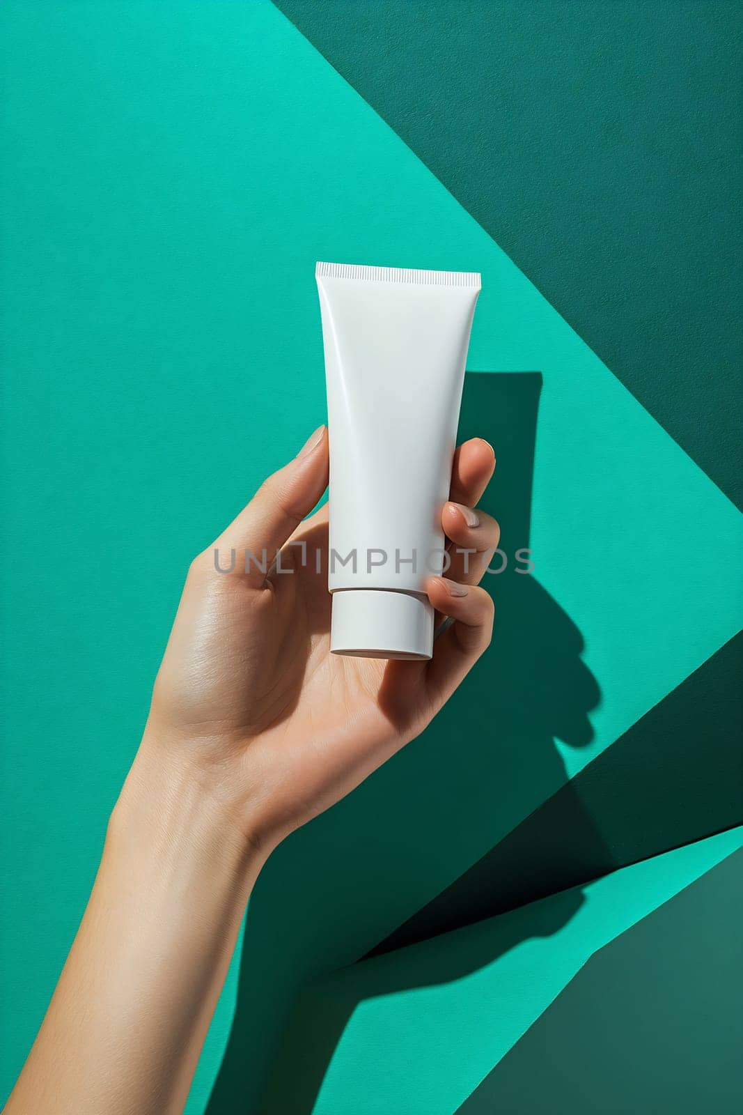 A hand displays a white skincare tube against a textured teal backdrop, showcasing beauty and simplicity in design.