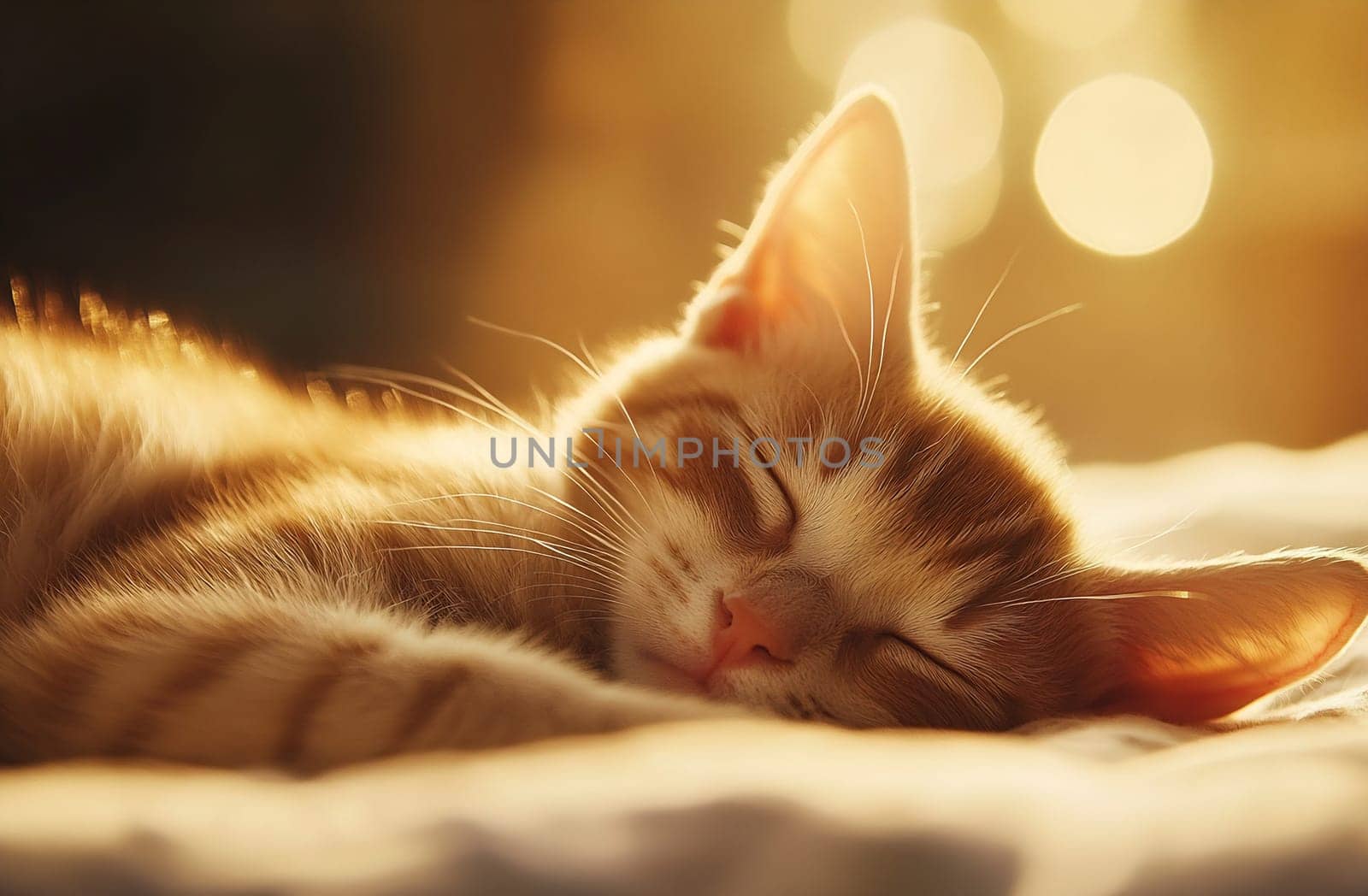A small, striped kitten rests peacefully, bathed in warm golden sunlight, creating a serene and cozy atmosphere.