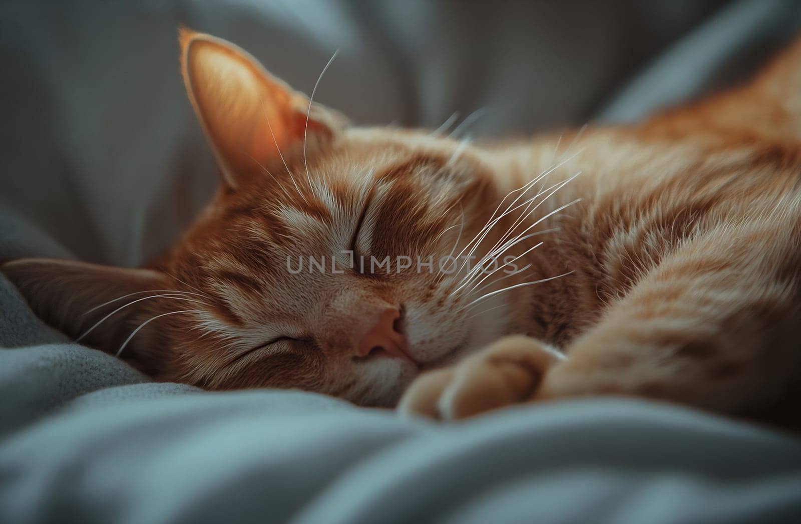 A ginger cat is curled up, peacefully sleeping on a soft blanket, enjoying a moment of tranquility indoors.