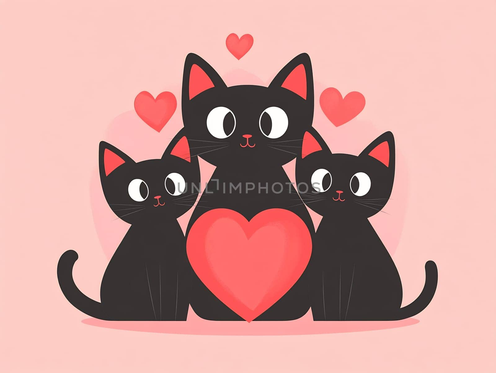 Three black cats surrounded by hearts express affection. Their playful features create a charming atmosphere for celebrating love.