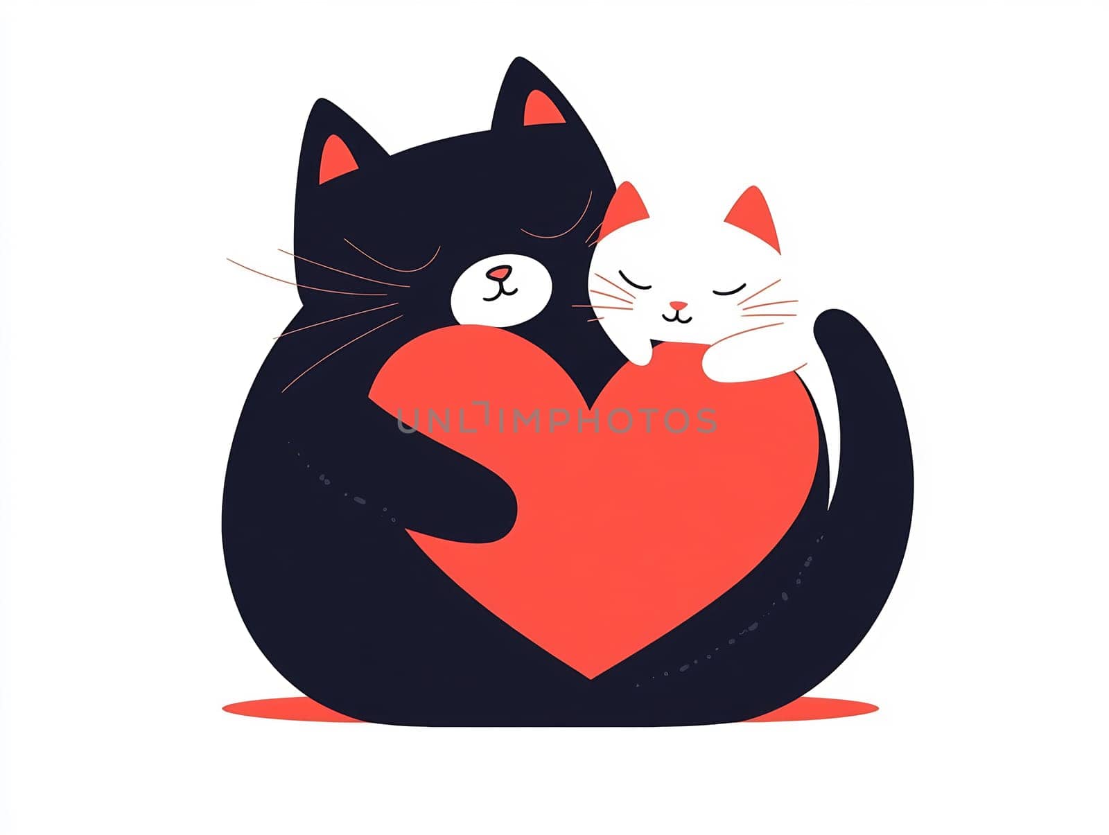 Two cartoon cats cuddle together, with one black cat holding a red heart and the white cat resting against it, radiating affection.