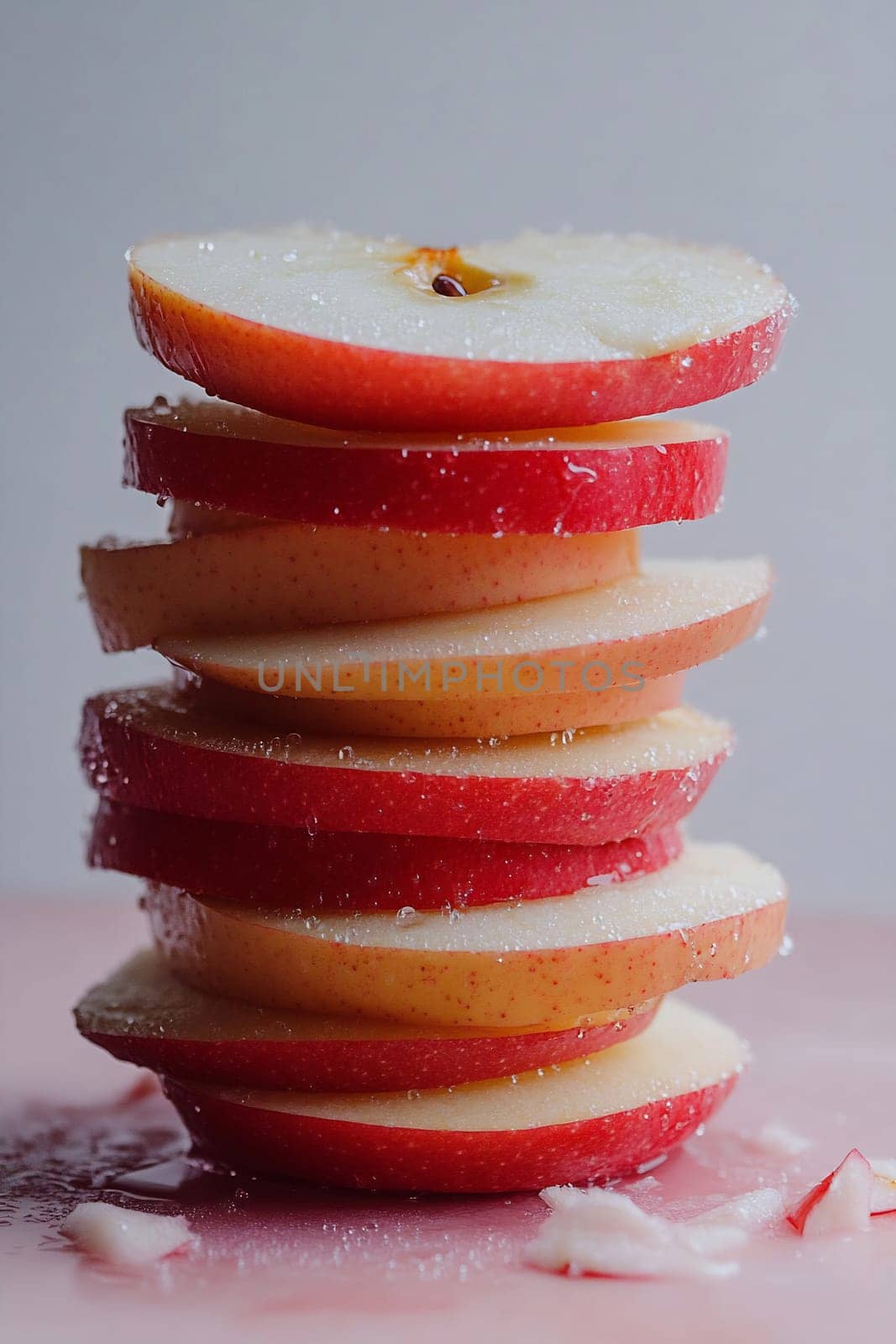 Fresh red apple slices are stacked neatly, glistening with moisture, perfect for a healthy snack or garnish.