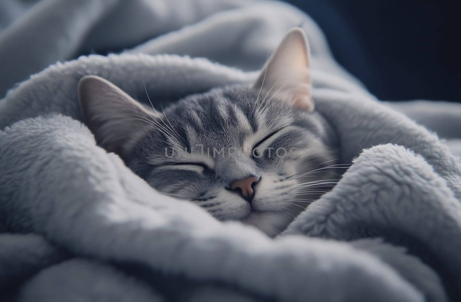 A gray striped cat snuggles deeply in a soft blanket, eyes closed, enjoying a peaceful nap in a warm, tranquil setting.