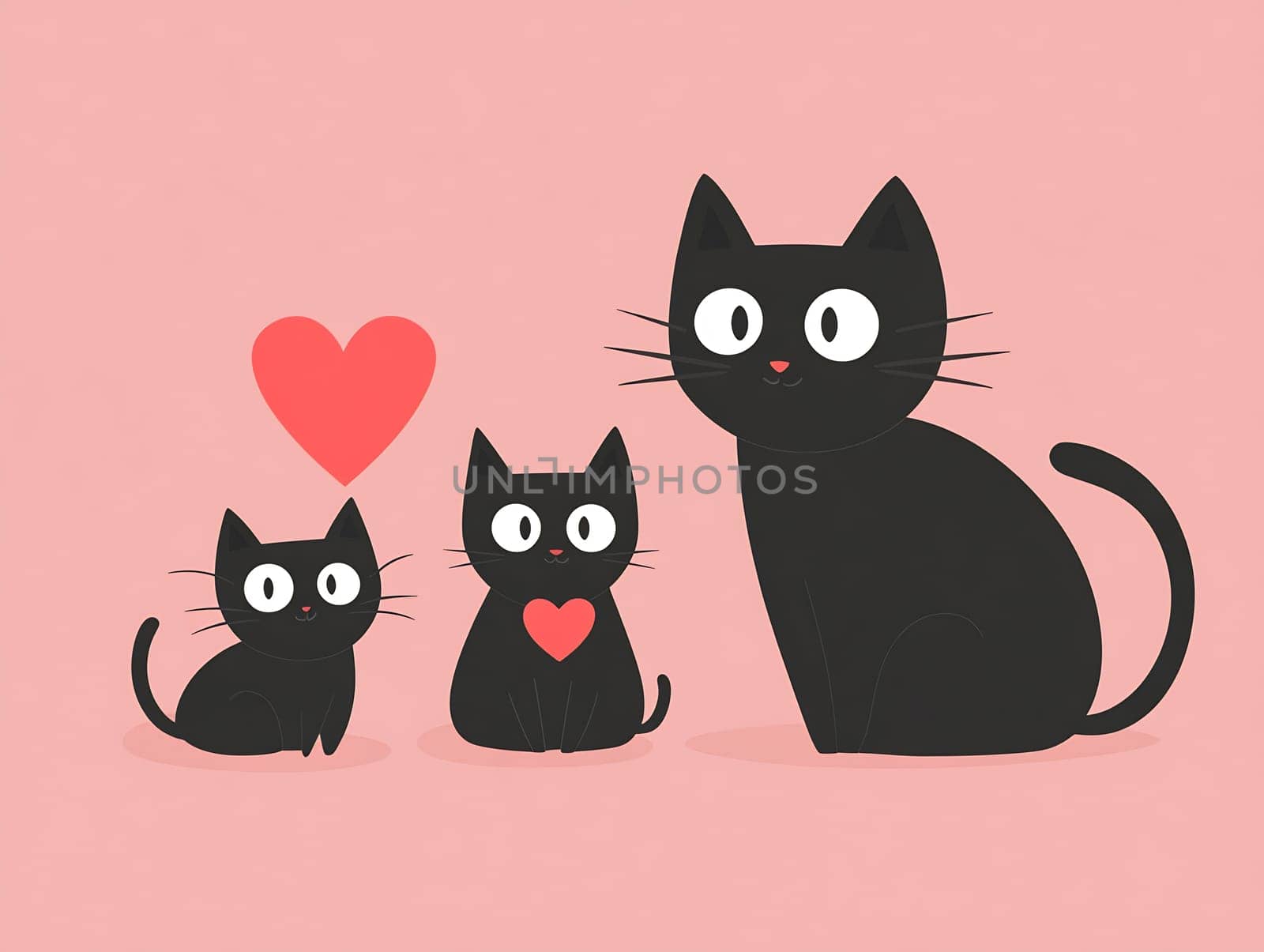 Three black cats are displayed against a pink background, showing affection with a heart symbol beside them.