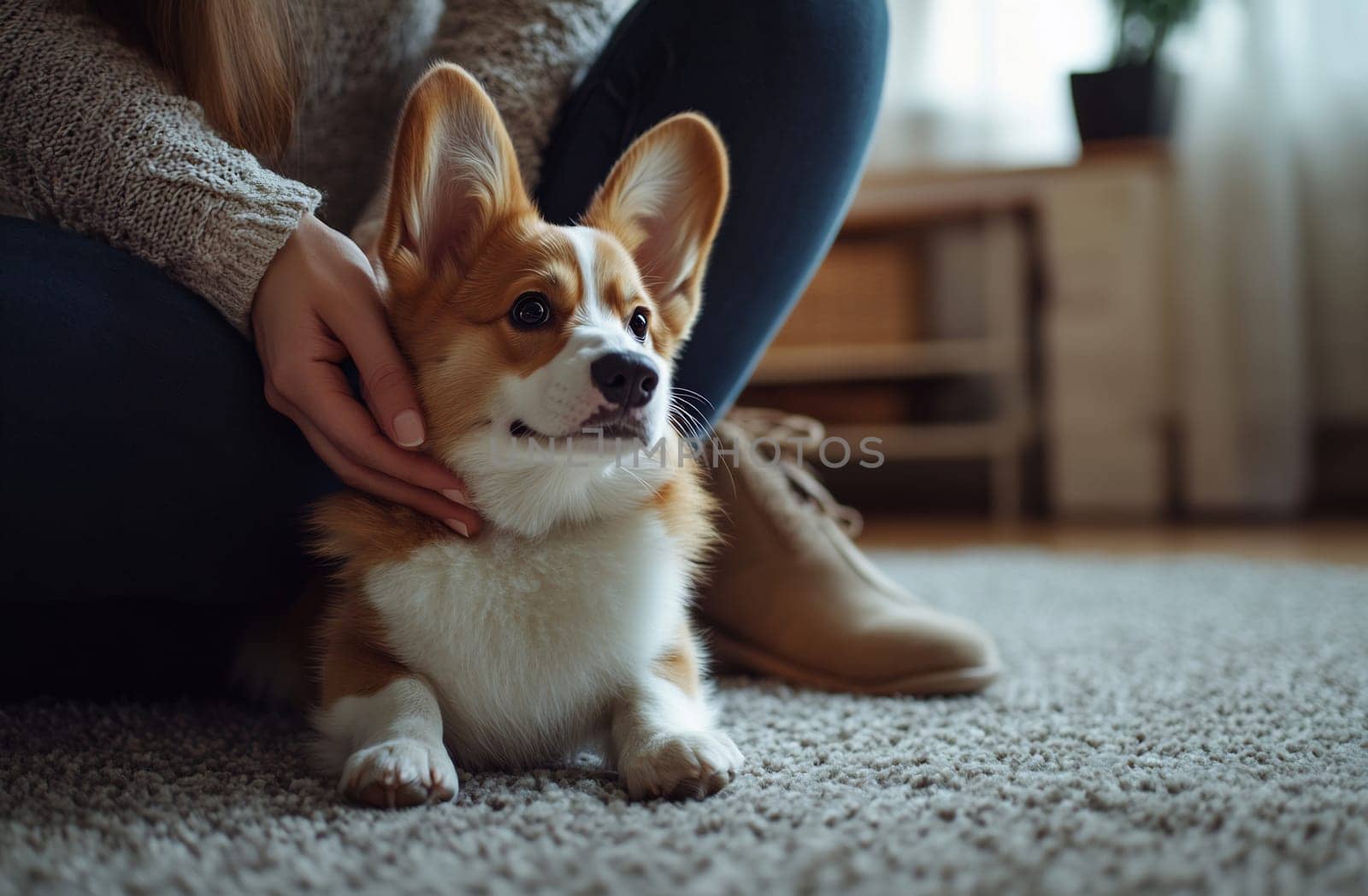 A person gently pets a corgi while sitting on a soft carpet in a warmly lit room, creating a relaxing moment together.