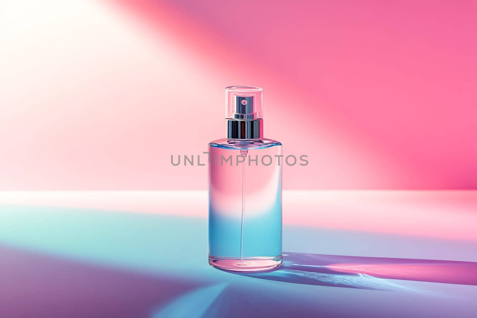 A perfume bottle stands on a surface illuminated by soft blue and pink light, creating an inviting and atmospheric effect.