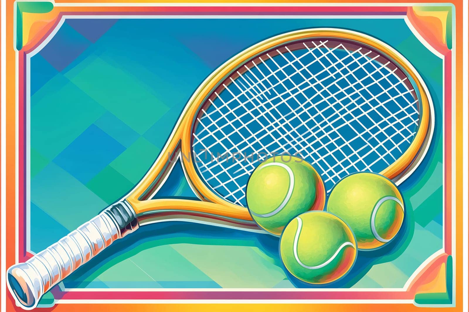 A colorful tennis racket rests against a bright backdrop with three green tennis balls nearby, showcasing a dynamic sporting atmosphere.