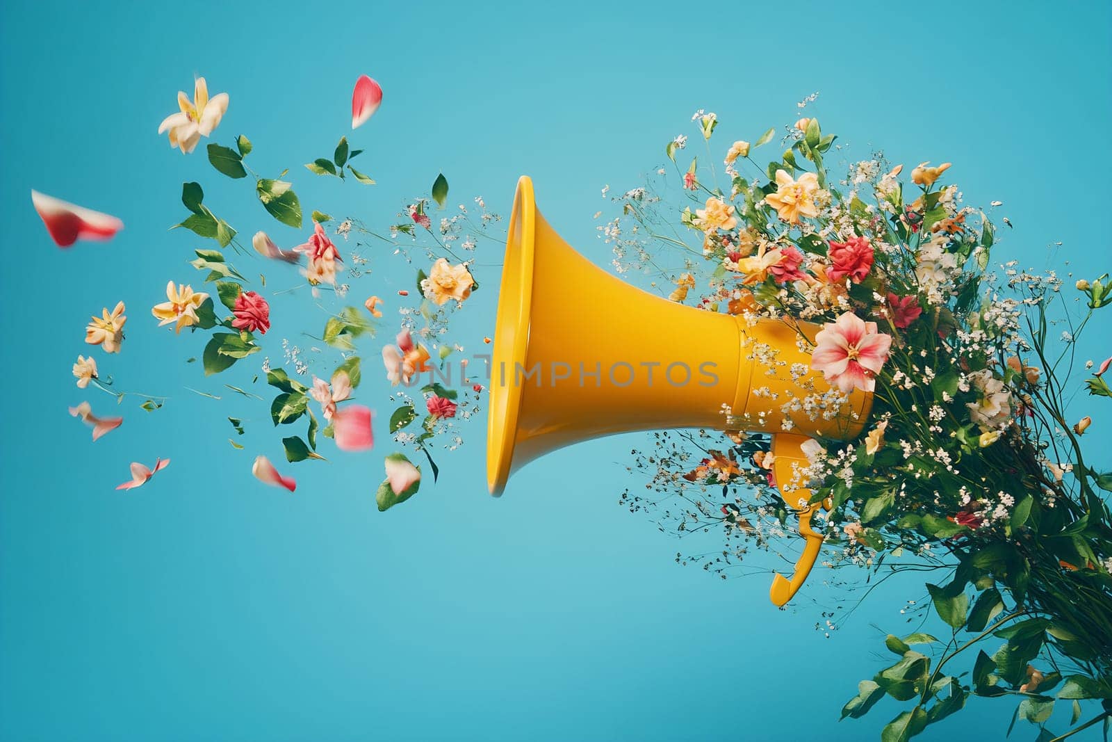 A yellow megaphone emits a vibrant array of colorful flowers and leaves against a blue background, symbolizing creativity and expression.