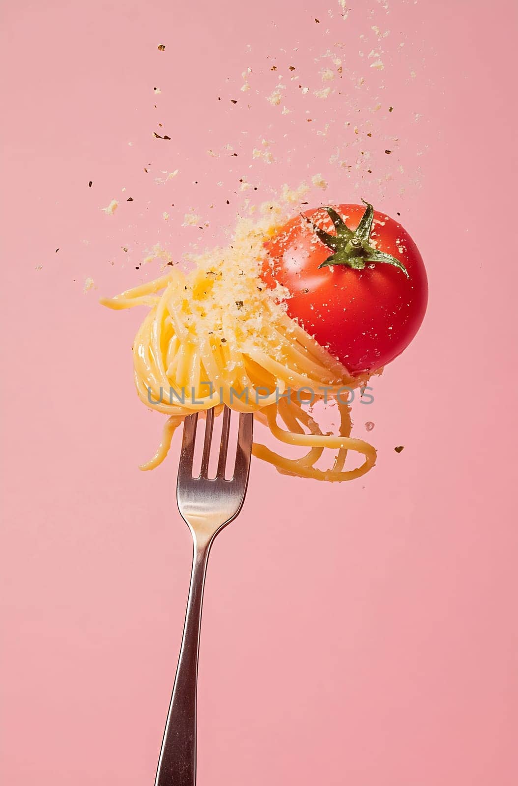 A fork lifts spaghetti with a ripe tomato on top, surrounded by a sprinkle of cheese and herbs against a pink background.