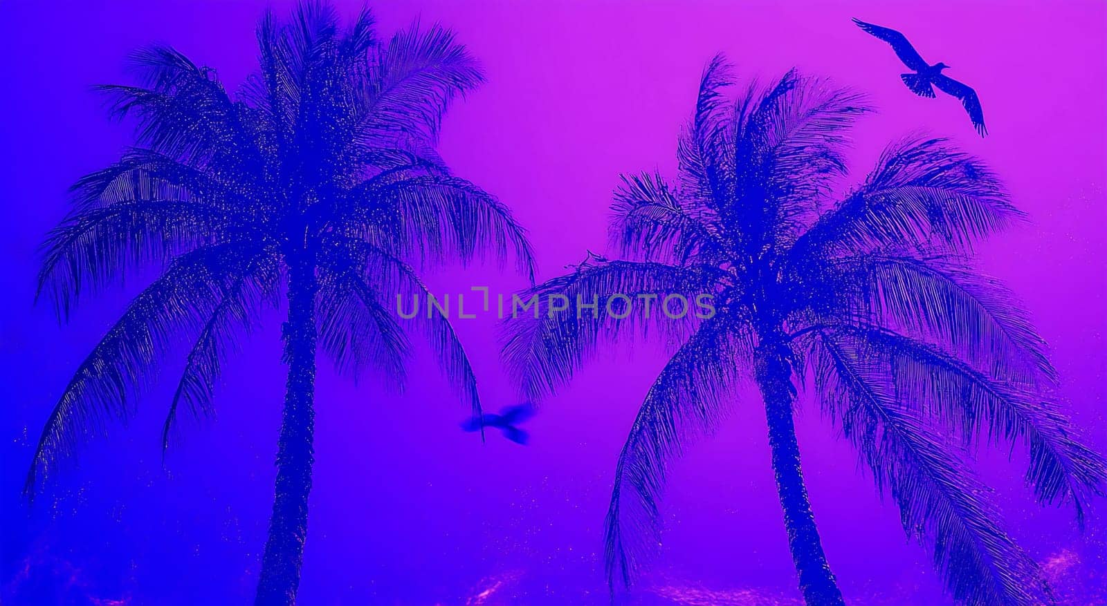 Tropical palm trees stand tall against a vibrant purple sunset, with birds soaring gracefully in the colorful sky.