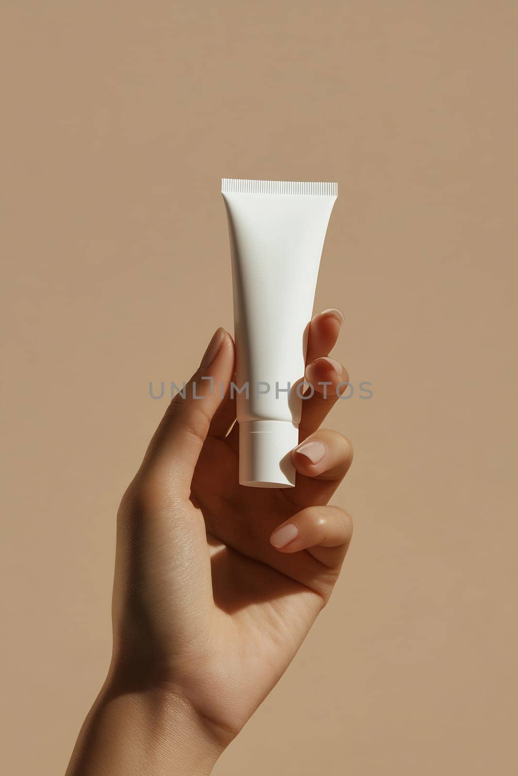A hand presents a minimalist white tube of cosmetic cream against a soft, neutral background, highlighting skincare products.