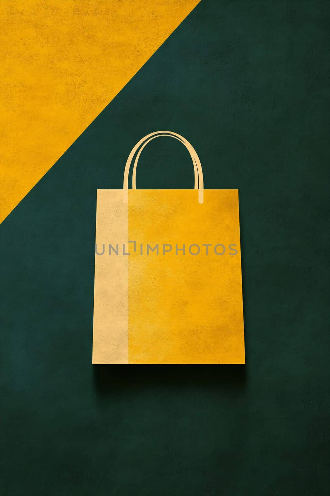 A yellow shopping bag rests against a deep green backdrop, creating a striking visual contrast that highlights its simple design.
