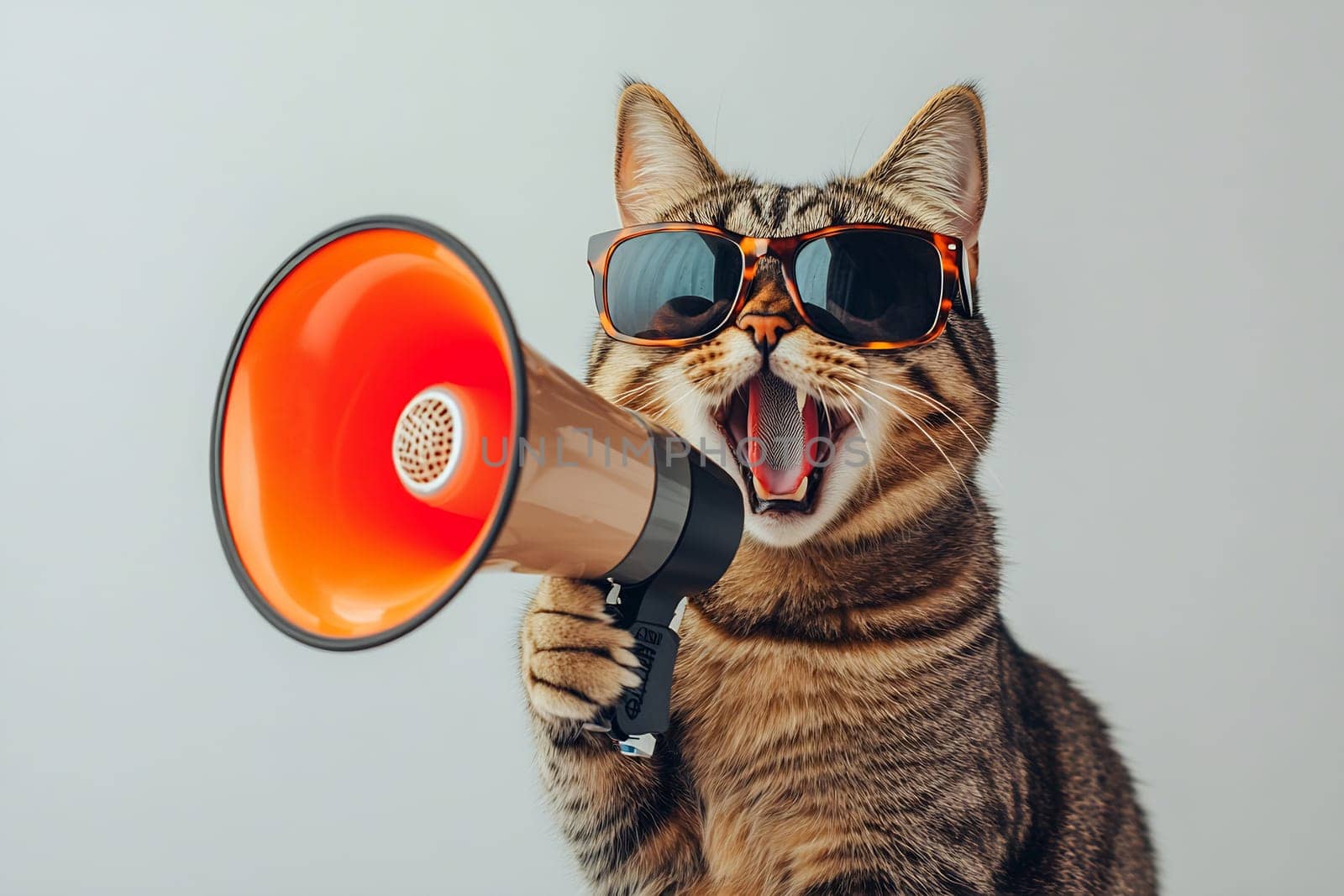 A stylish cat wearing sunglasses holds a megaphone in its paw, looking excited as it makes a loud vocal announcement.