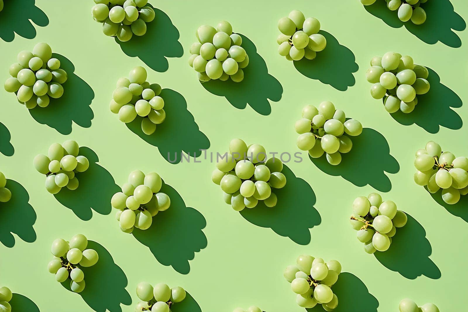Clusters of fresh green grapes arranged on a bright green surface create a lively and refreshing visual display.