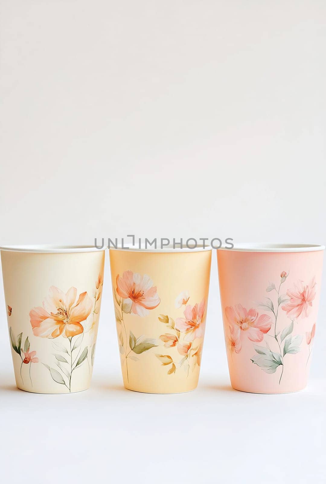Three beautifully designed paper cups featuring floral patterns in soft colors, perfect for serving drinks at gatherings or parties.