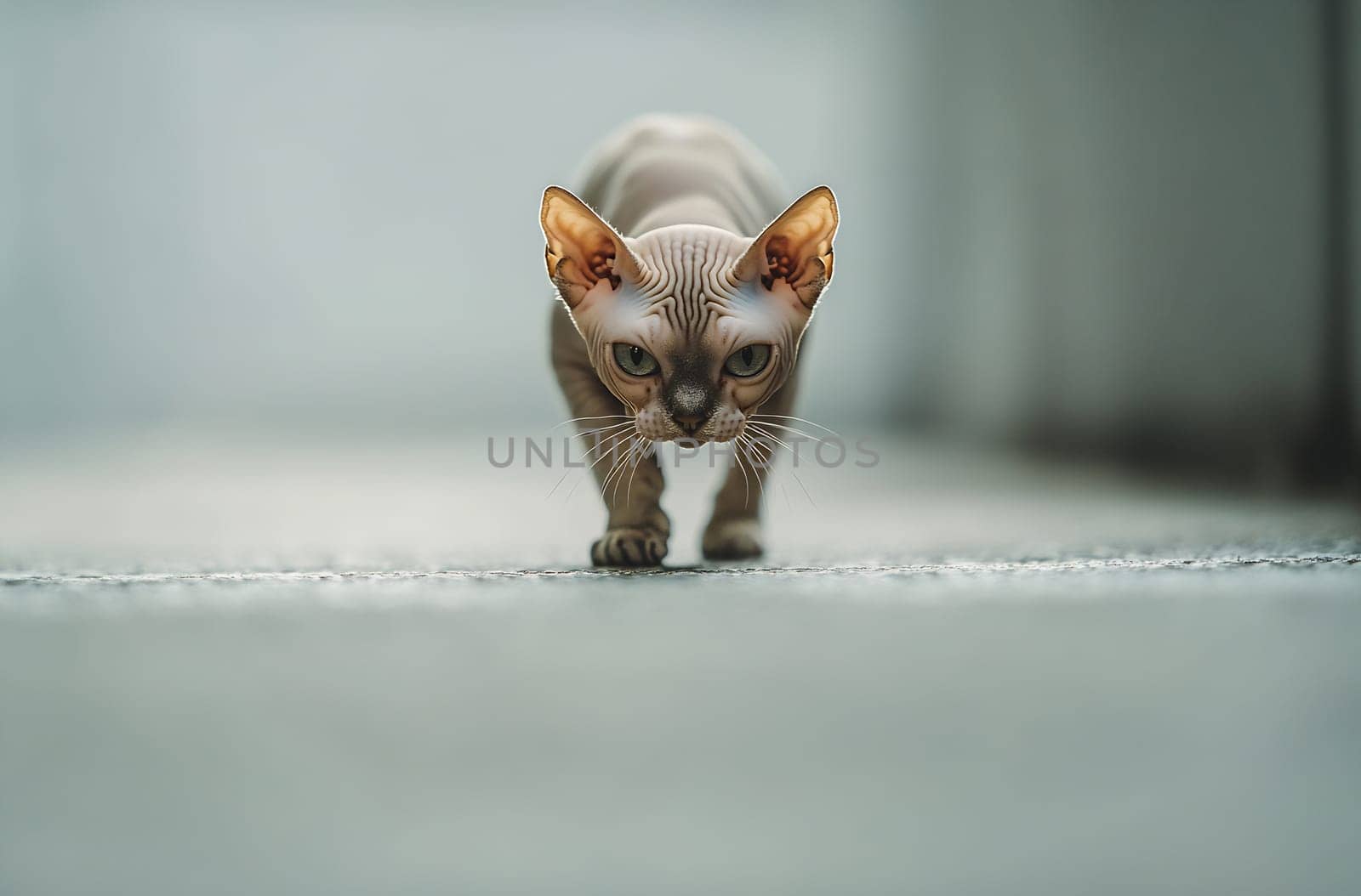 A playful cat approaches with keen eyes and a focused expression, exploring its surroundings on a smooth surface.