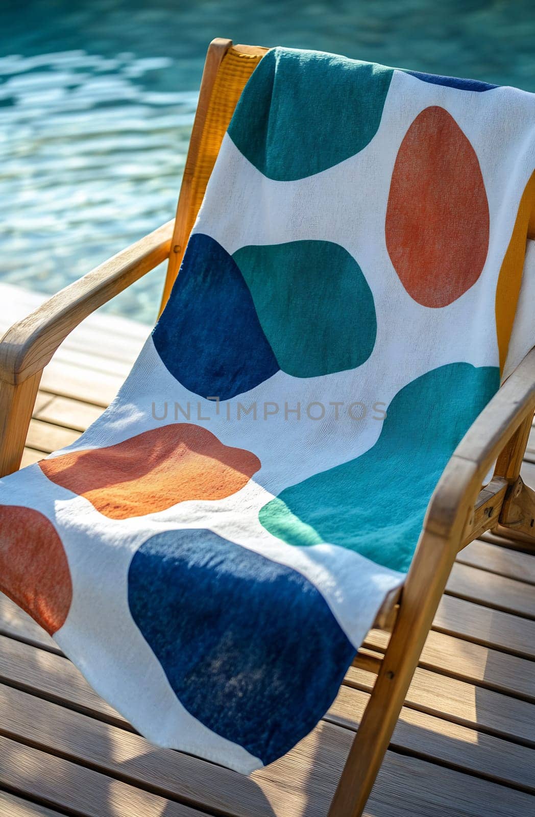 A vibrant towel with abstract patterns rests on a wooden chair next to a serene pool, inviting relaxation on a sunny day.