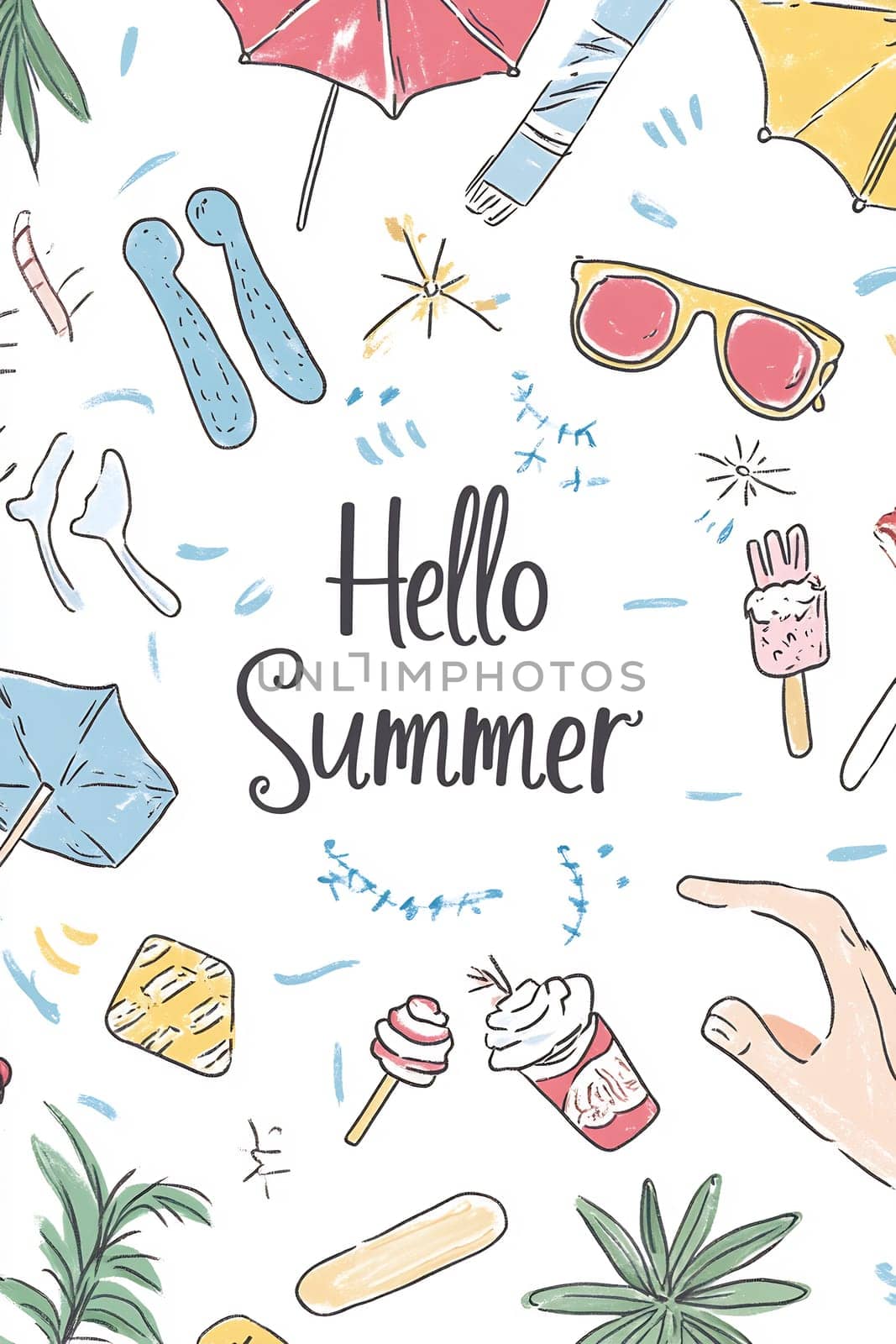 Bright and cheerful summer-themed illustrations feature umbrellas, ice cream, and sunglasses, inviting a fun and vibrant season.