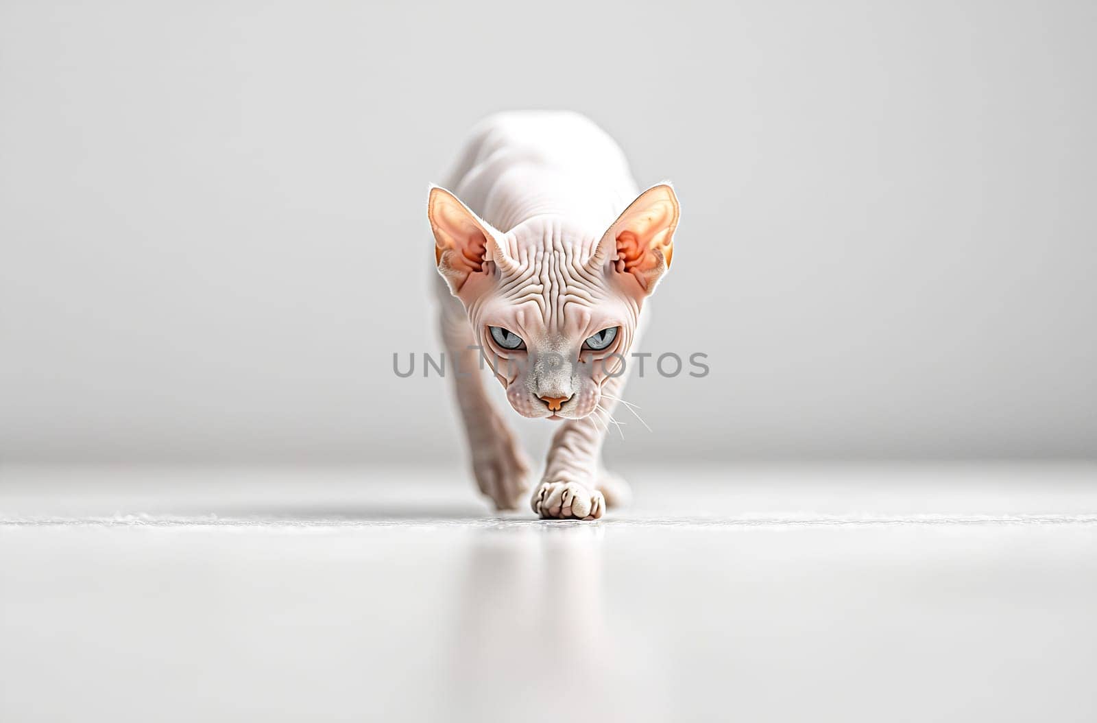 A Sphynx cat strolls gracefully across a bright, smooth floor, showcasing its unique, hairless appearance and striking blue eyes.