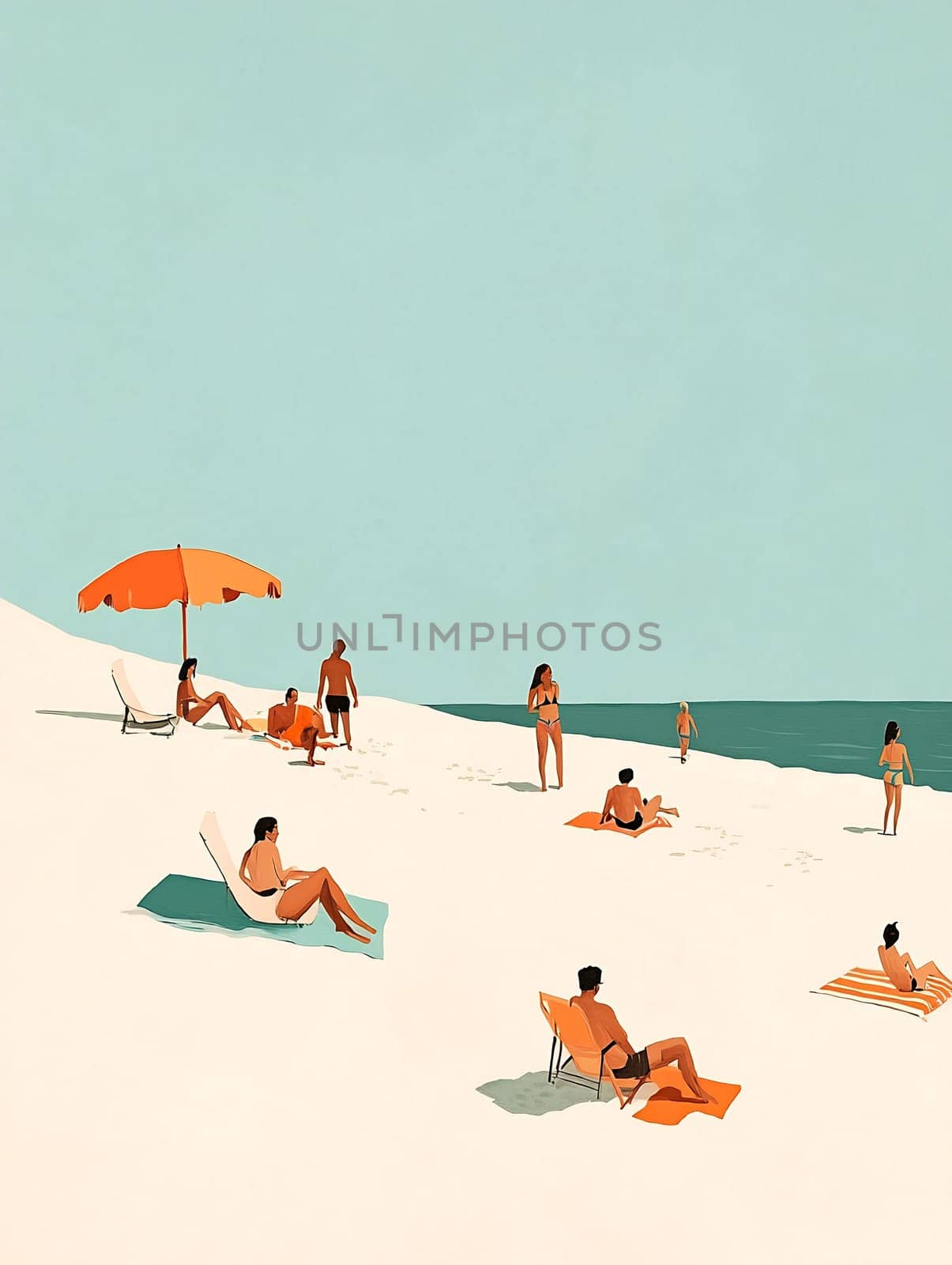 Groups of individuals enjoy a sunny day on a sandy beach, lounging under colorful umbrellas and basking in the warm sun.
