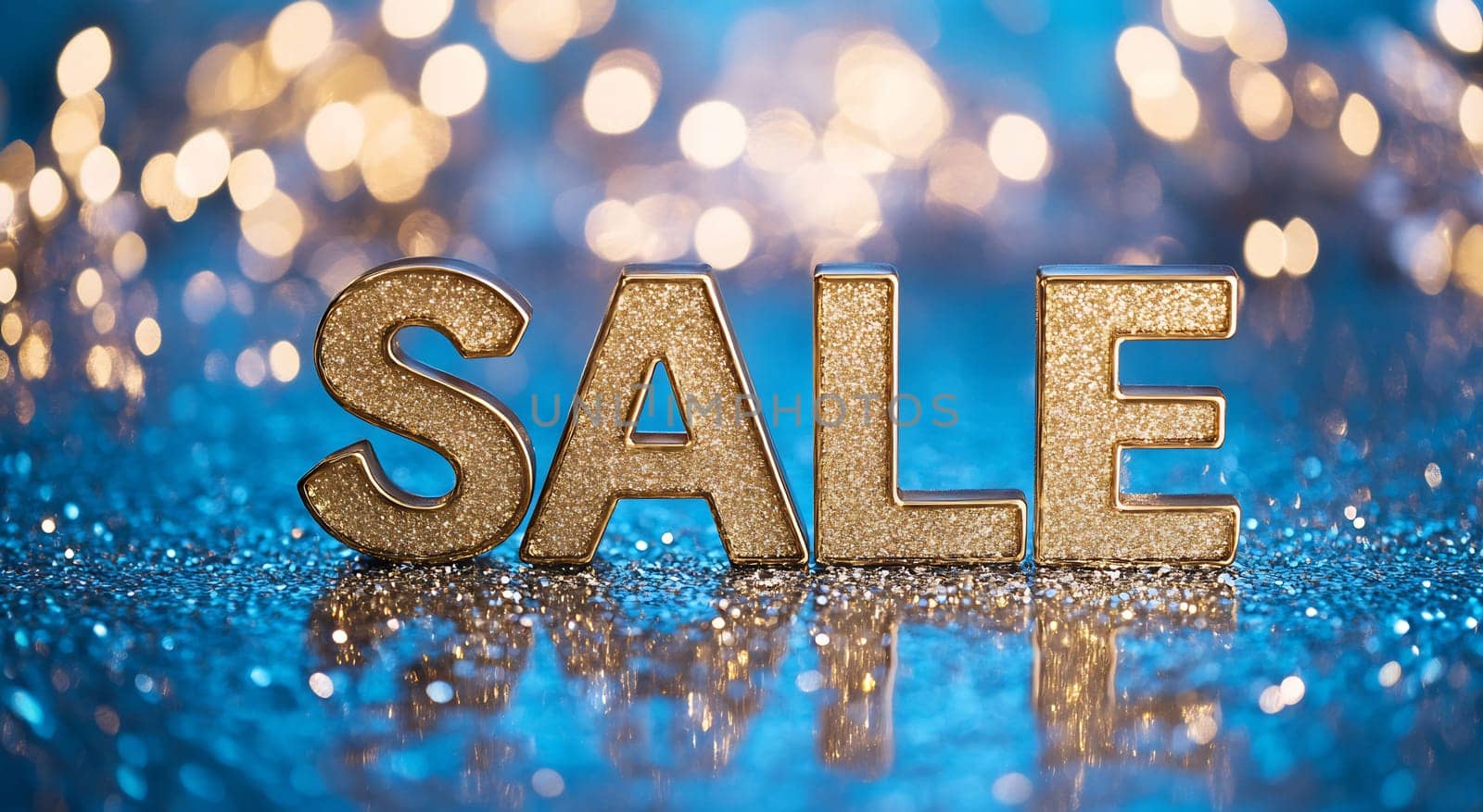 Golden letters spelling sale sparkle against a blue background with festive lights, creating a vibrant atmosphere for shopping.